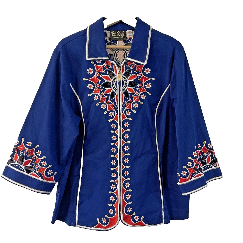Bob Mackie Wearable Art Embroidered cutout zip-up‎ jacket blue XL